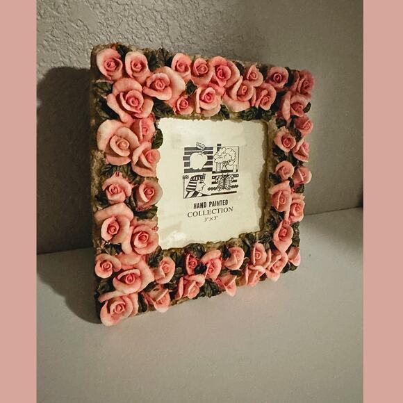 Hand Painted Pink Rose Resin Picture Frame | Shabby Cottage Floral Vintage Decor - Picture 3 of 9